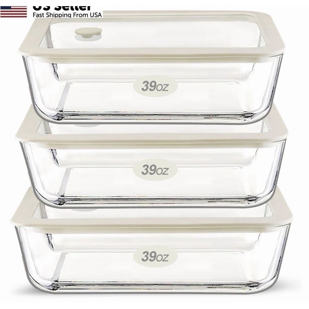 Urban Green Glass Food Container Set with Lid, 3 Pack, White Sand-SQ-3p